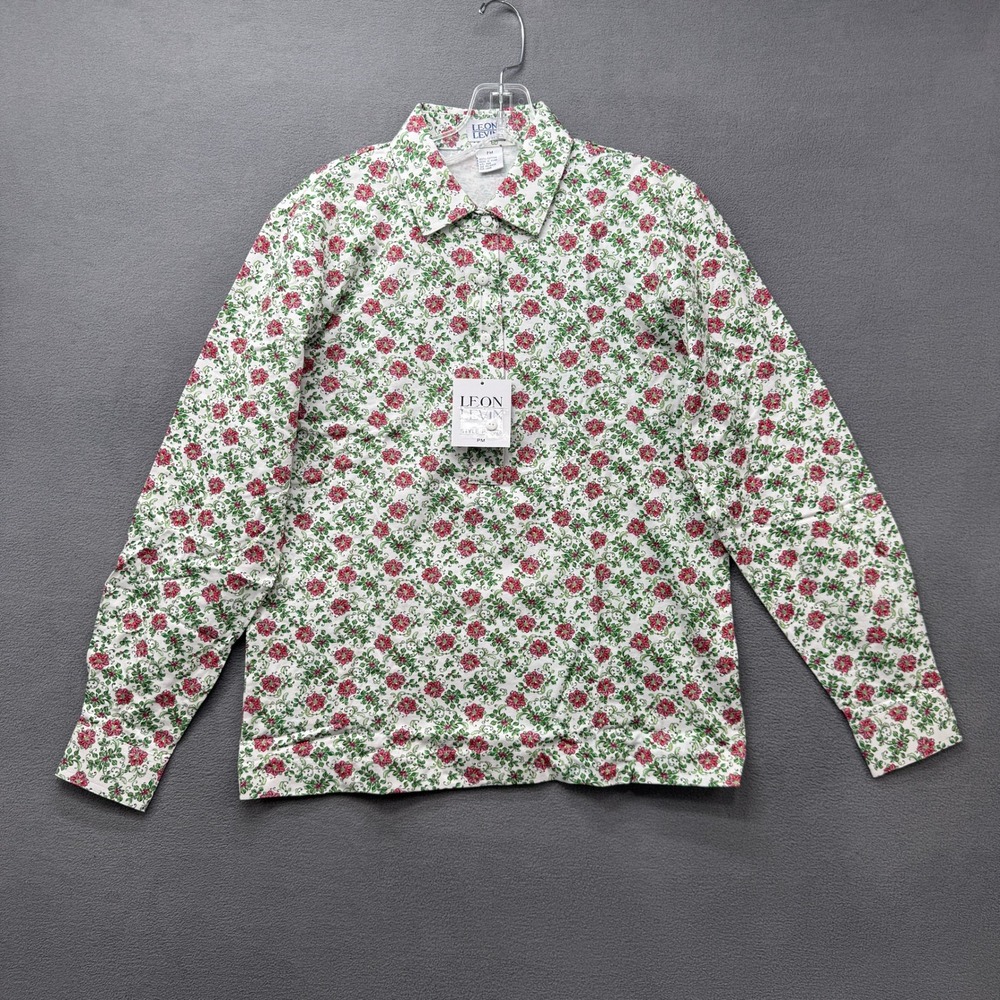 Leon Levin Polo Shirt Womens Petite Medium Floral Long Sleeve White Red Green